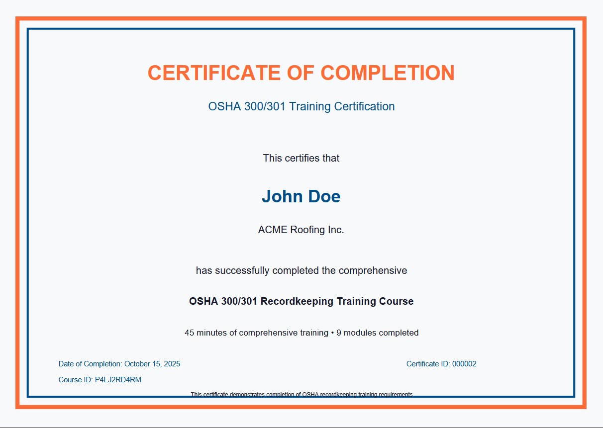 Official OSHA training completion certificate