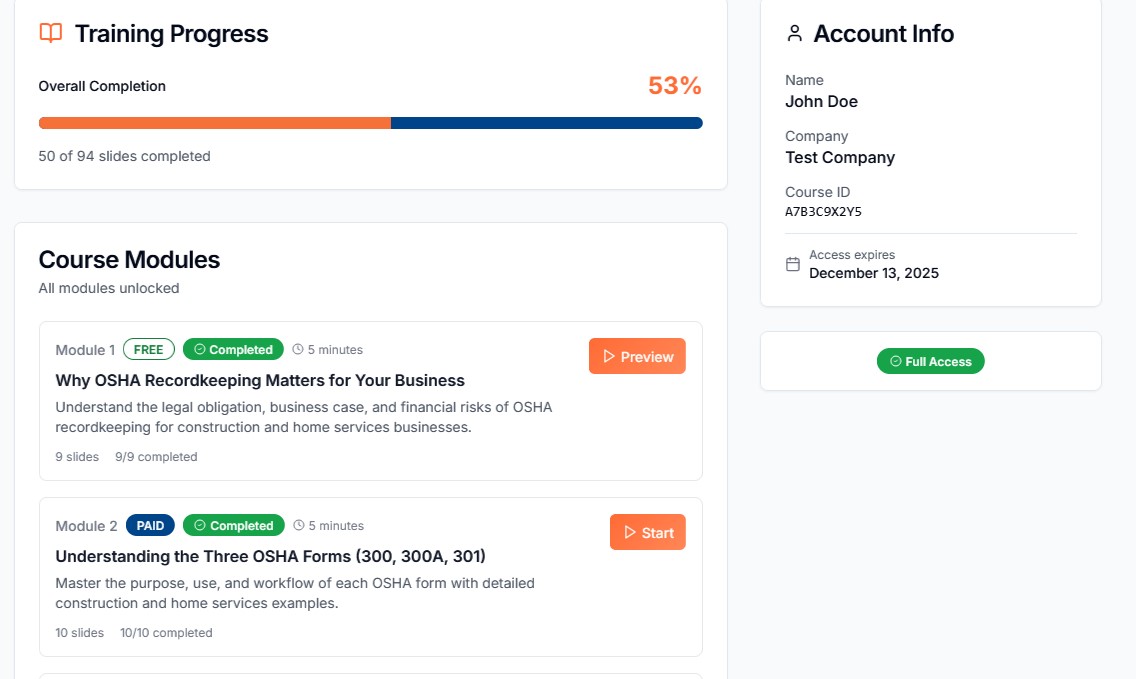 User dashboard showing course progress and modules