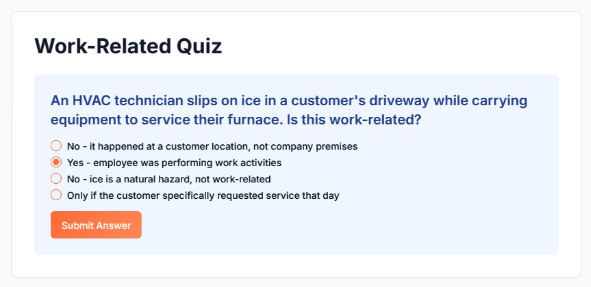 Work-related quiz question with multiple choice answers